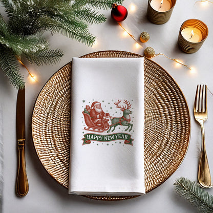 Vintage Nakış Dokulu Happy New Year Peçetesi – Santa & Ren Geyiği Temalı Retro Yılbaşı Peçetesi | 33x33 cm, 20’li Paket