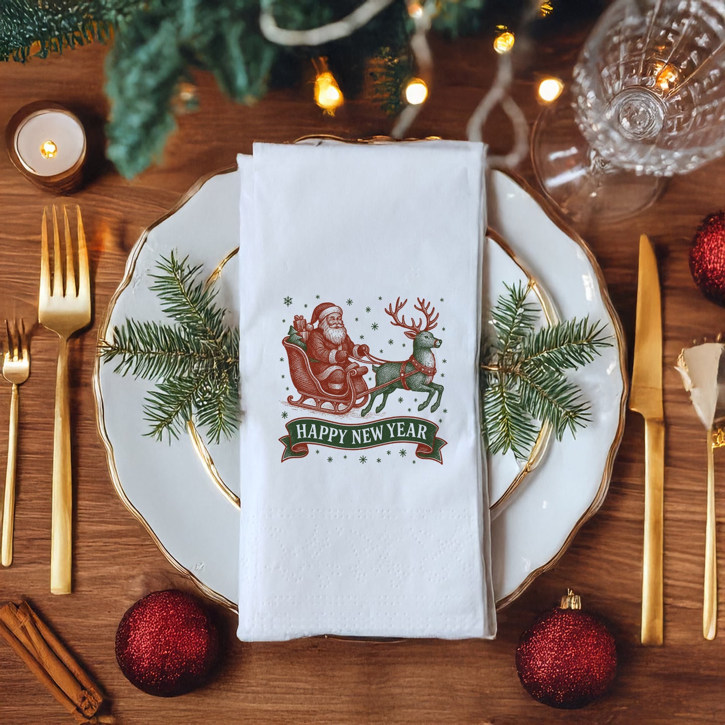 Vintage Nakış Dokulu Happy New Year Peçetesi – Santa & Ren Geyiği Temalı Retro Yılbaşı Peçetesi | 33x33 cm, 20’li Paket