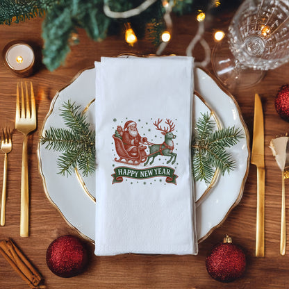 Vintage Nakış Dokulu Happy New Year Peçetesi – Santa & Ren Geyiği Temalı Retro Yılbaşı Peçetesi | 33x33 cm, 20’li Paket
