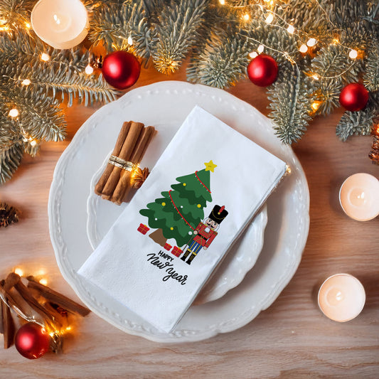 Nutcracker & Christmas Tree Yılbaşı Temalı Baskılı Peçete – 2026 Yeni Yıl Tasarımı | 33x33 cm, 20’li Paket