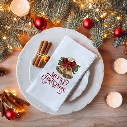 Merry Christmas Çan Desenli Yılbaşı Baskılı Peçete – Altın Çan & Kırmızı Kurdele Tasarımı | 33x33 cm, 20’li Paket
