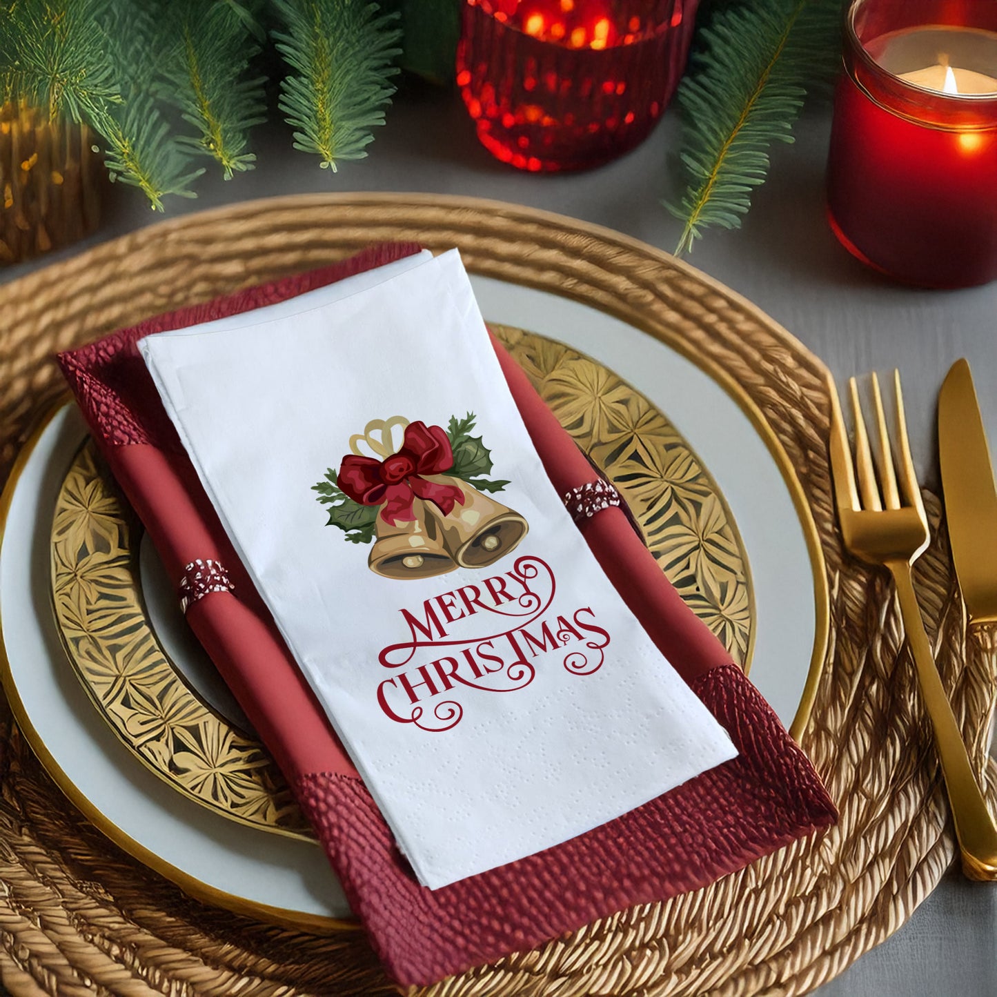Merry Christmas Çan Desenli Yılbaşı Baskılı Peçete – Altın Çan & Kırmızı Kurdele Tasarımı | 33x33 cm, 20’li Paket