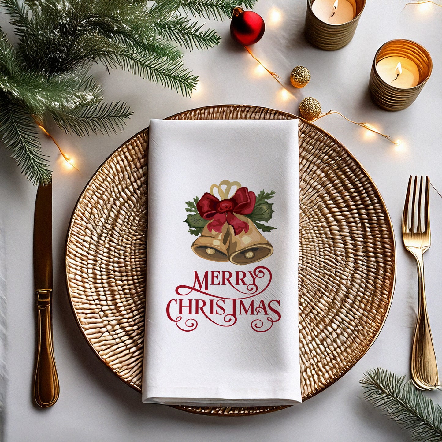 Merry Christmas Çan Desenli Yılbaşı Baskılı Peçete – Altın Çan & Kırmızı Kurdele Tasarımı | 33x33 cm, 20’li Paket