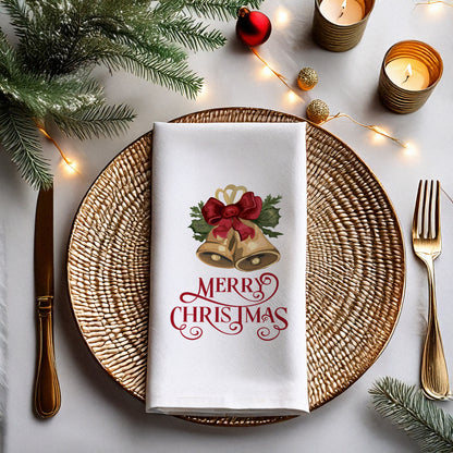 Merry Christmas Çan Desenli Yılbaşı Baskılı Peçete – Altın Çan & Kırmızı Kurdele Tasarımı | 33x33 cm, 20’li Paket