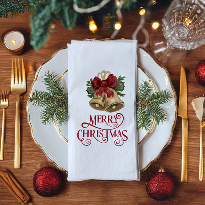 Merry Christmas Çan Desenli Yılbaşı Baskılı Peçete – Altın Çan & Kırmızı Kurdele Tasarımı | 33x33 cm, 20’li Paket