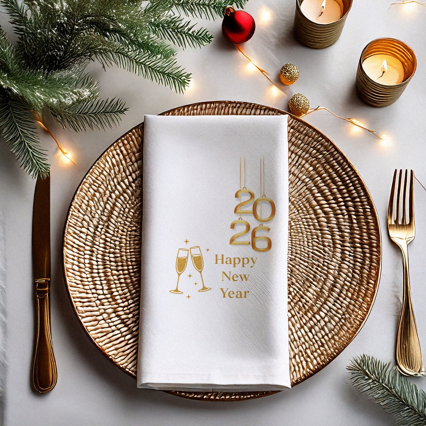 Gold 2026 & Champagne Happy New Year Baskılı Peçete – Lüks Yılbaşı Tasarımı | 33x33 cm, 20’li Paket