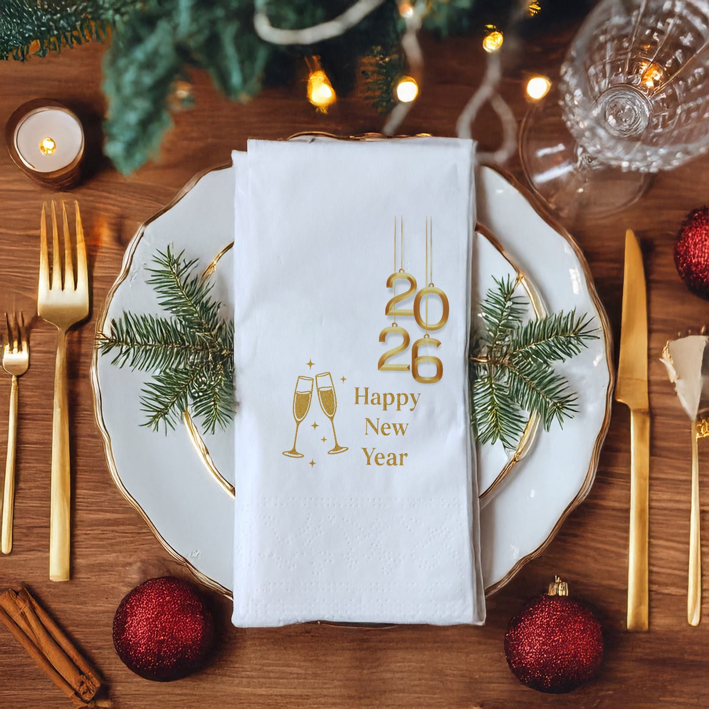 Gold 2026 & Champagne Happy New Year Baskılı Peçete – Lüks Yılbaşı Tasarımı | 33x33 cm, 20’li Paket