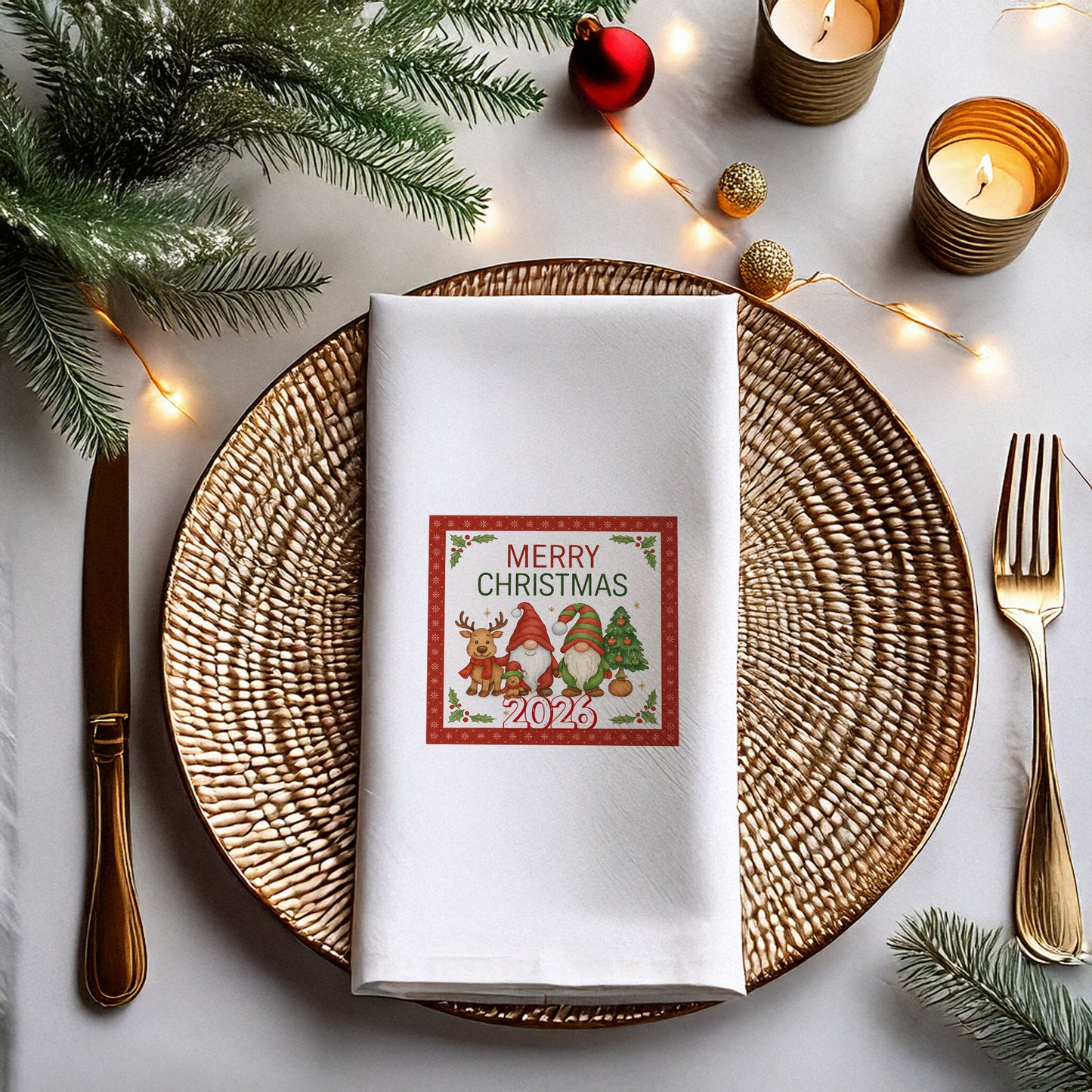 Cute Gnome & Reindeer Merry Christmas Baskılı Peçete – 2026 Yılbaşı Özel Tasarım | 33x33 cm, 20’li Paket