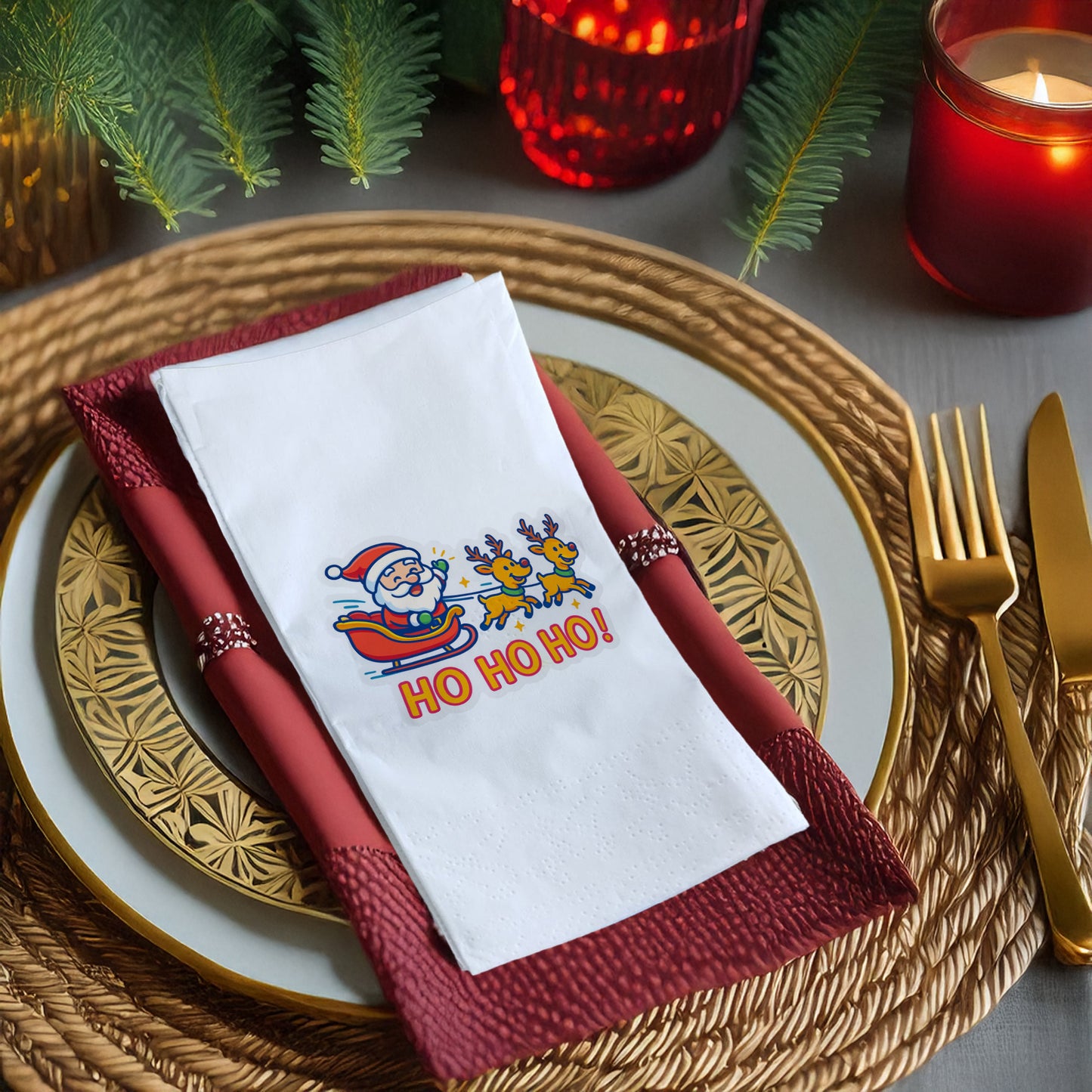 Ho Ho Ho! Çizgi Film Noel Baba & Ren Geyiği Baskılı Yılbaşı Peçete – 33x33 cm, 20’li Paket
