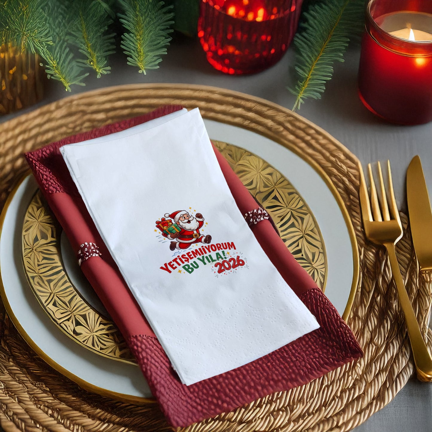 Komik Santa “Yetişemiyorum Bu Yıla!” Yılbaşı Peçetesi – 2026 Tasarımlı, 33x33 cm, 20’li Paket