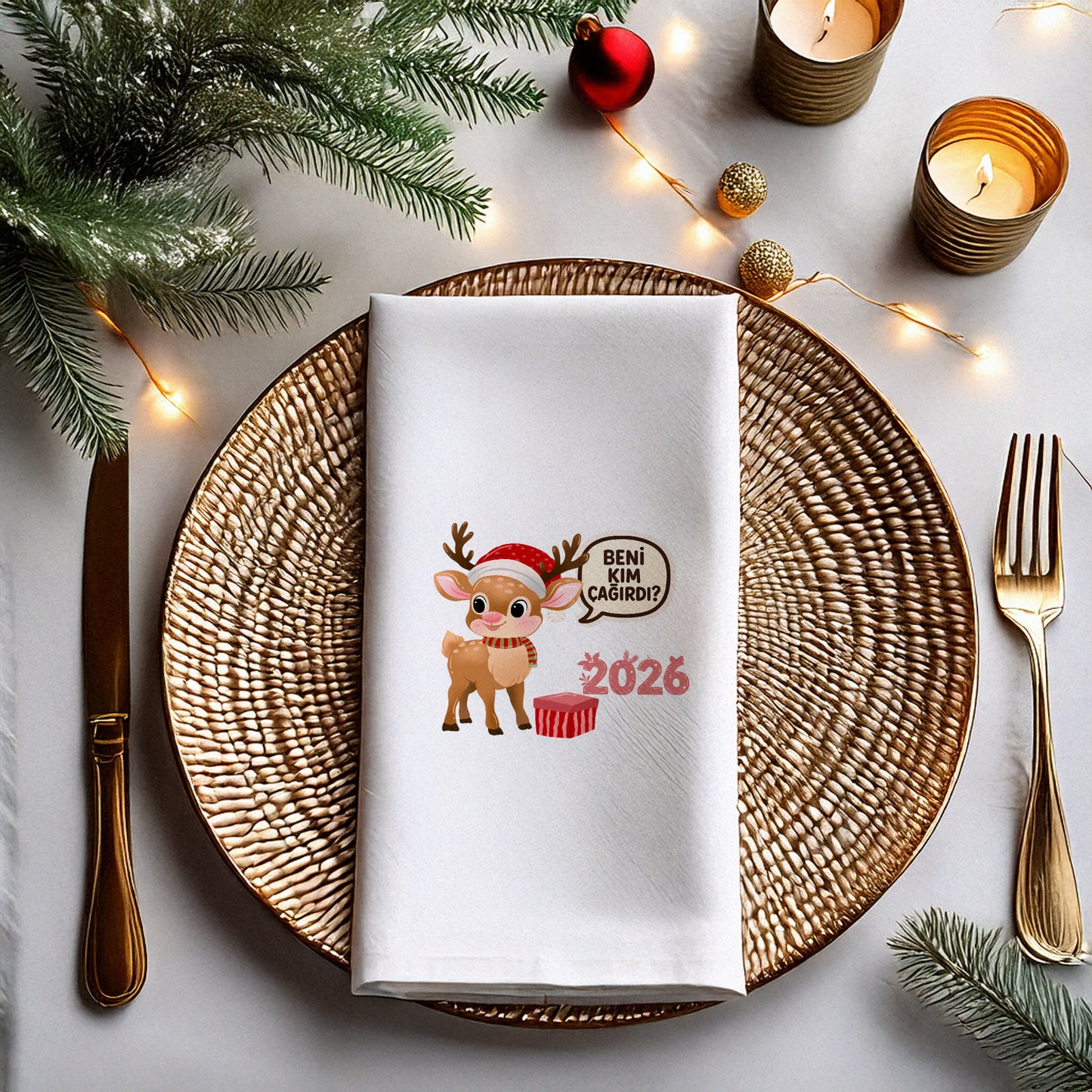 Sevimli Ren Geyiği 2026 Yılbaşı Baskılı Peçete – Çocuk Temalı, 33x33 cm, 20’li