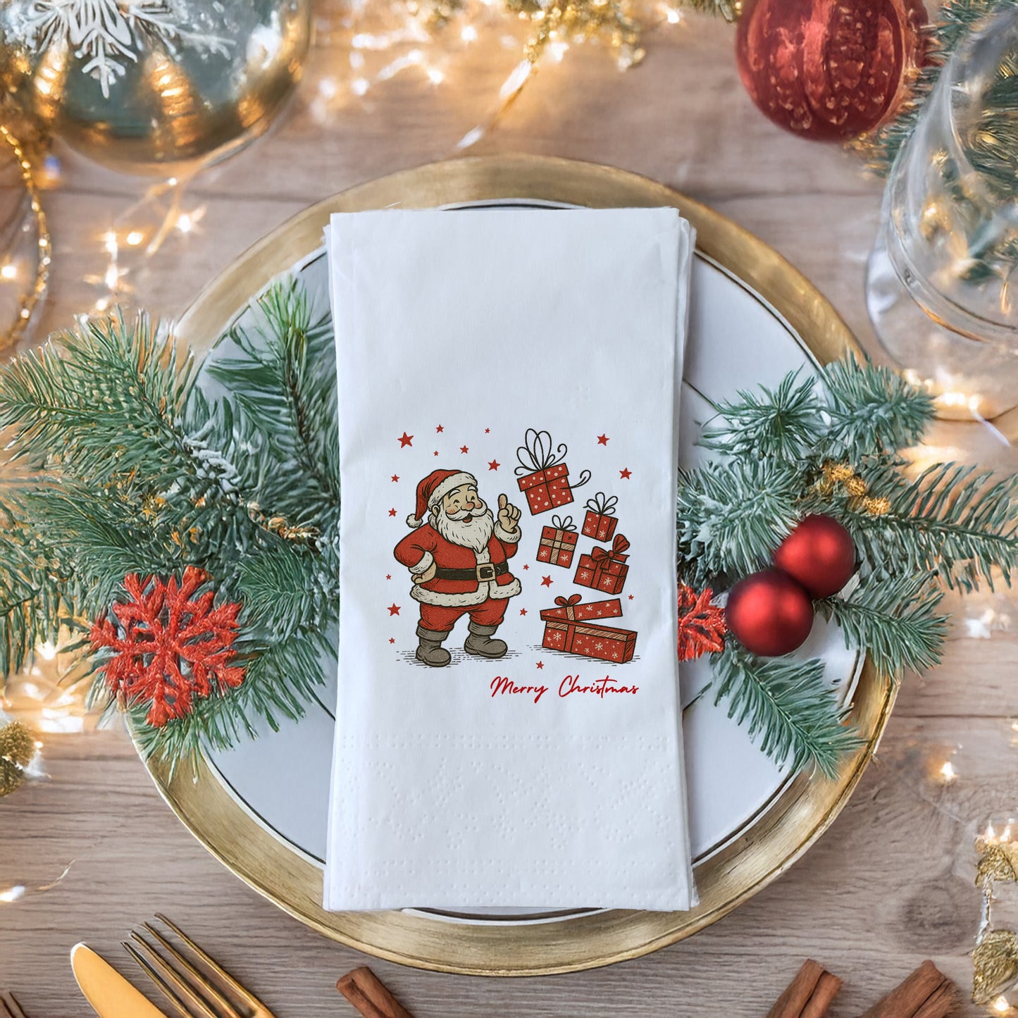 Vintage Noel Baba Merry Christmas Baskılı Yılbaşı Peçetesi – 33x33 cm, 20’li