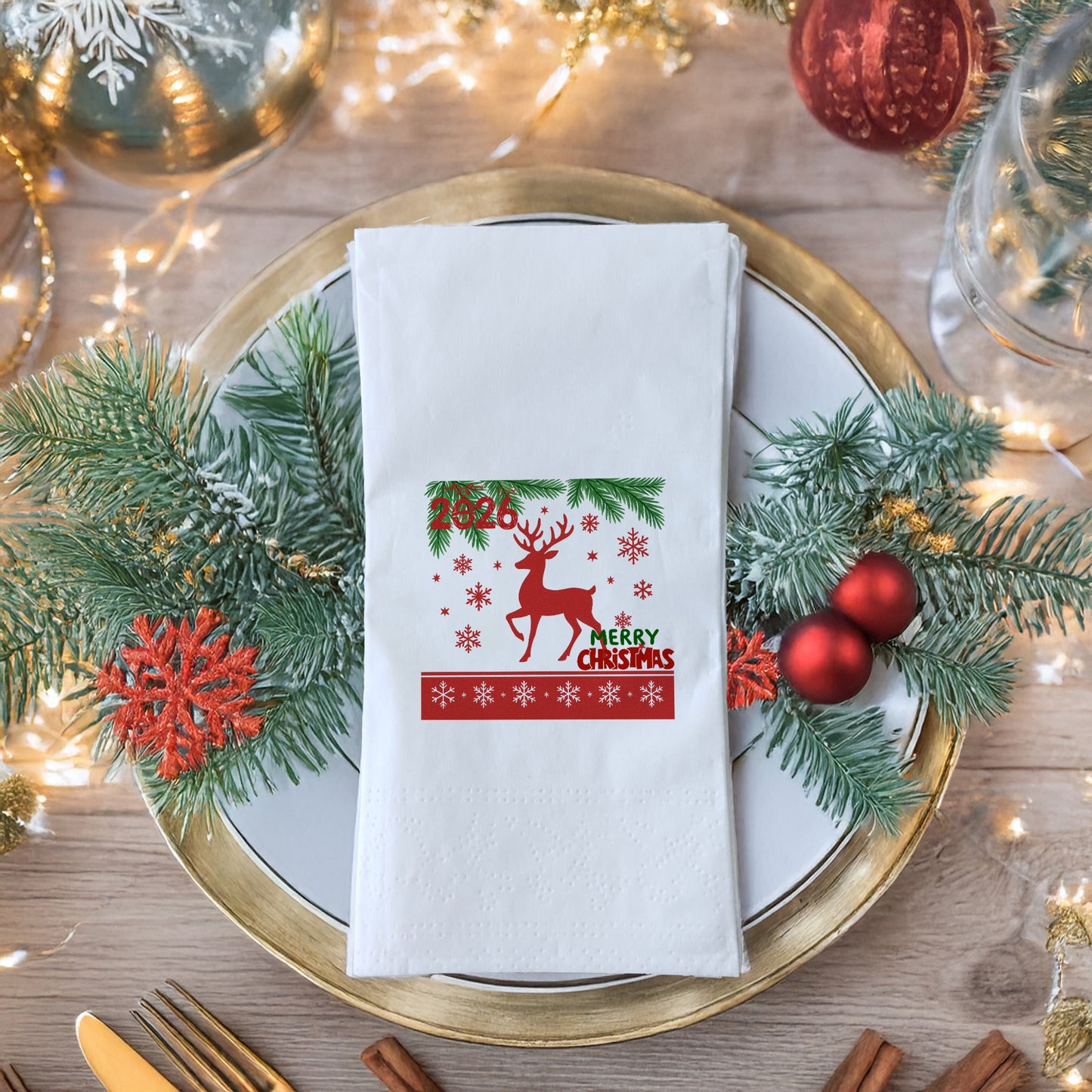Kırmızı Geyik ve Çam Dalları Christmas Peçete – Merry Christmas 2026 – 33x33 cm