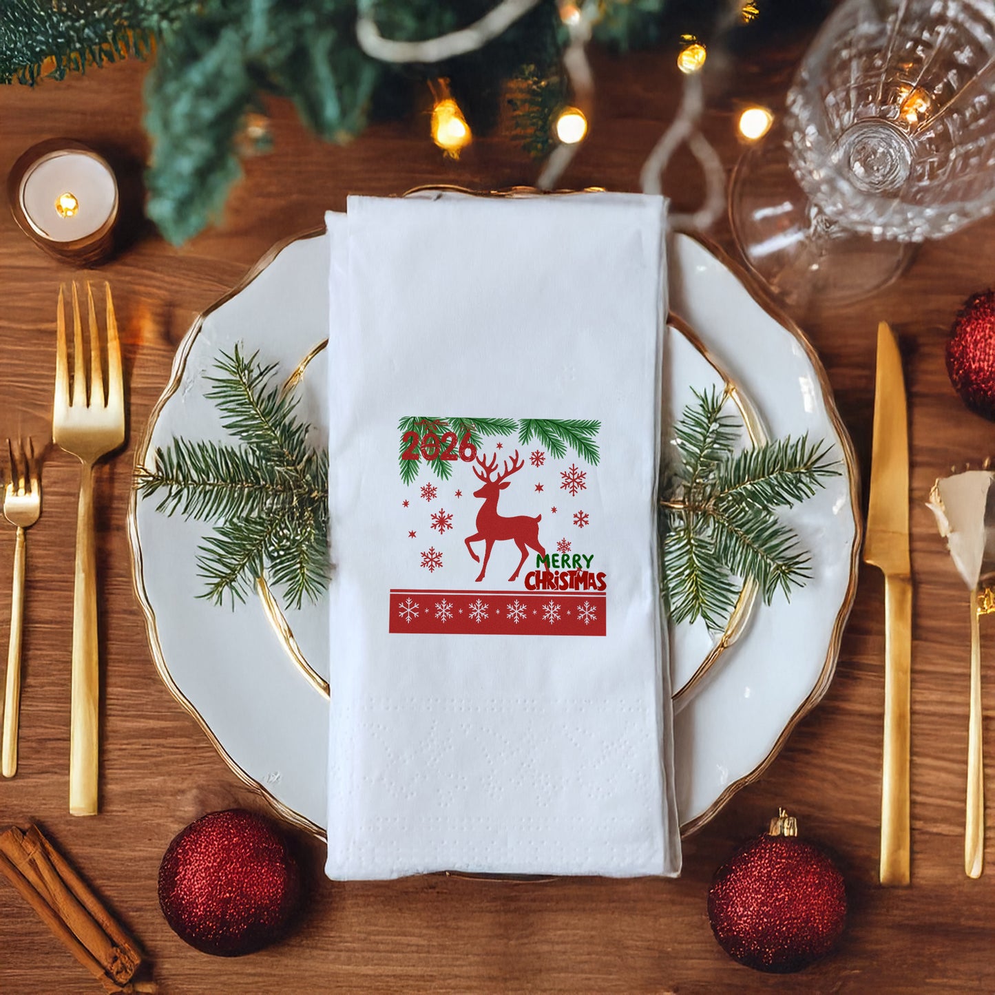 Kırmızı Geyik ve Çam Dalları Christmas Peçete – Merry Christmas 2026 – 33x33 cm