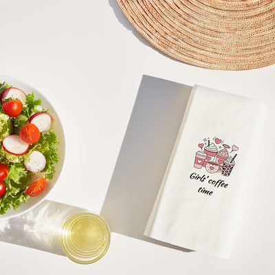 Kahve Desenli Baskılı Peçete ''Gırls coffe time'' – Kalpli Pembe Kahve Kupaları Tasarım