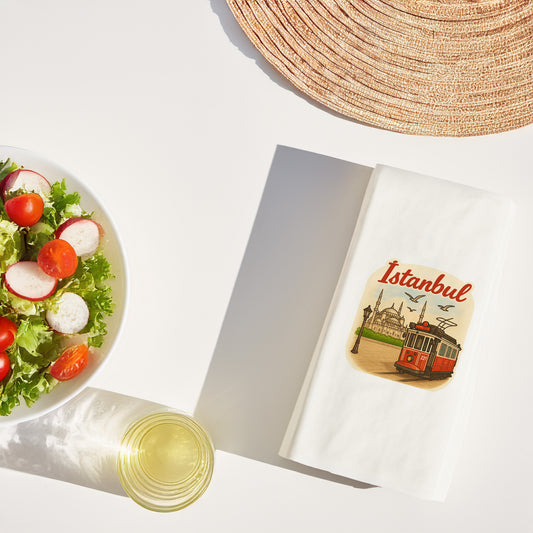İstanbul Şehir Desenli Baskılı Peçete | Nostaljik Tramvay ve Camii Motifli Sofra Peçetesi