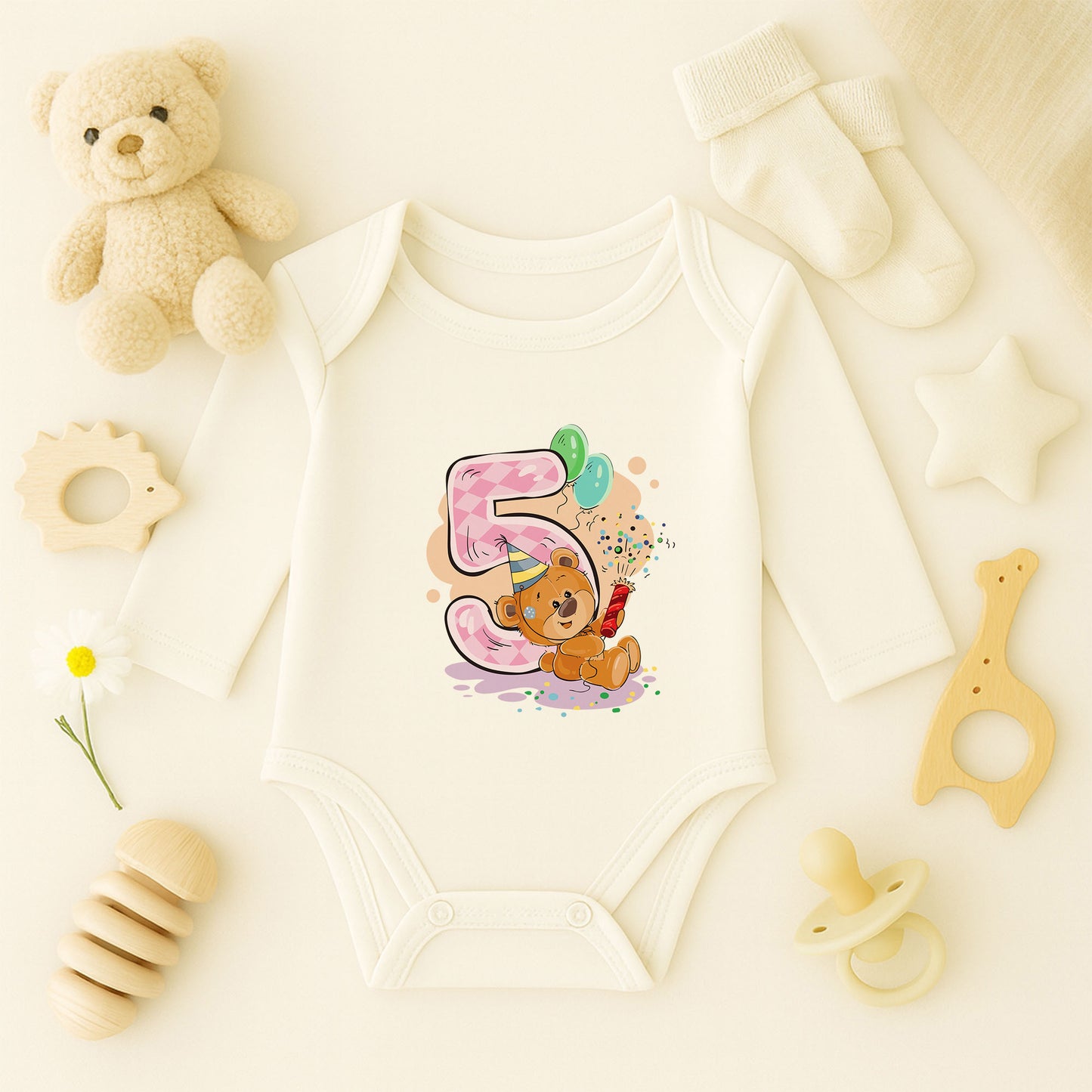 Kişiye Özel Doğum Günü Bebek Zıbını – 5 Yaş Ayıcık Tasarım | 1–36 Ay