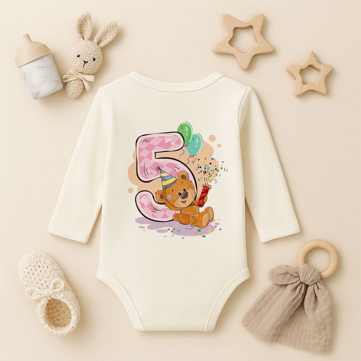 Kişiye Özel Doğum Günü Bebek Zıbını – 5 Yaş Ayıcık Tasarım | 1–36 Ay