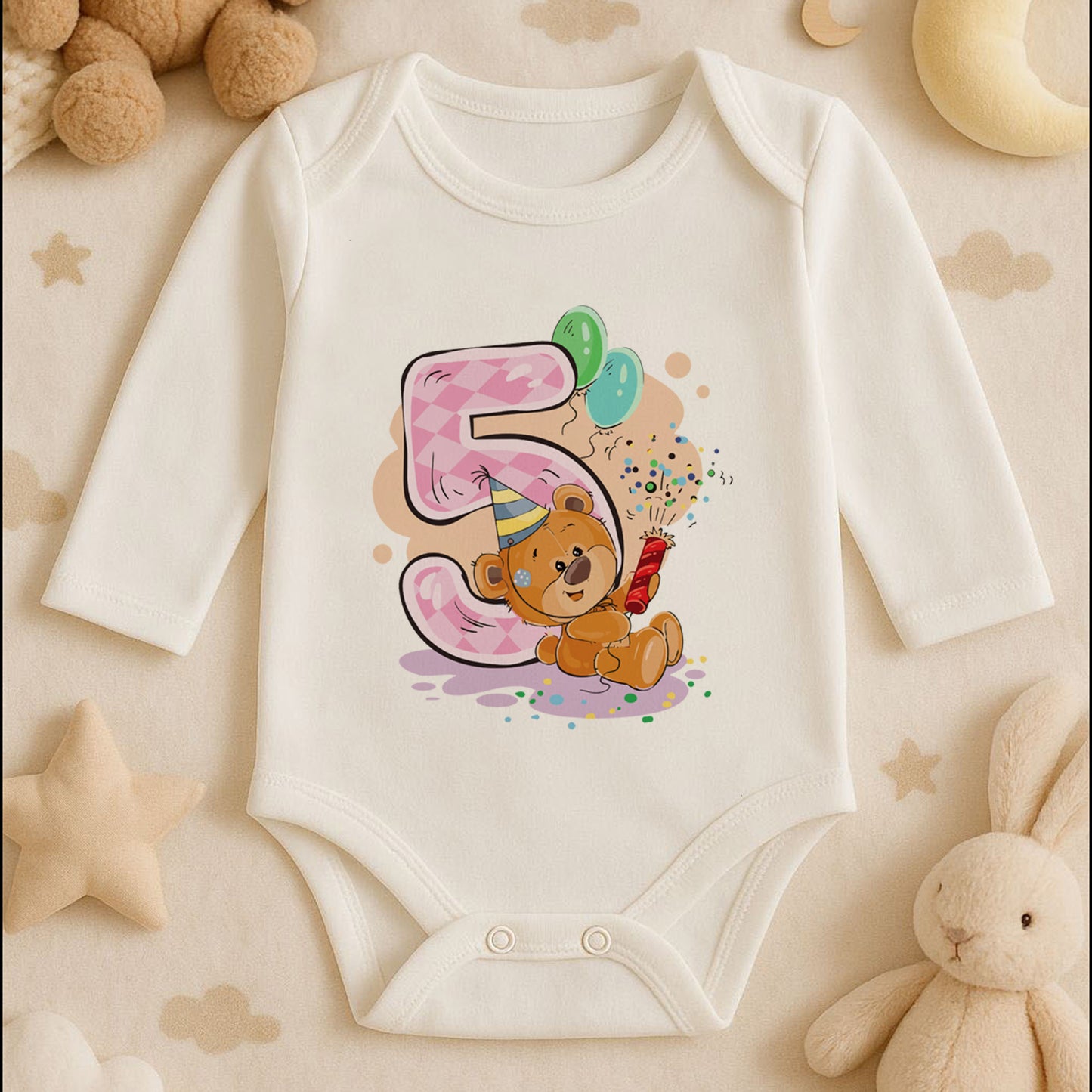 Kişiye Özel Doğum Günü Bebek Zıbını – 5 Yaş Ayıcık Tasarım | 1–36 Ay