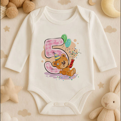 Kişiye Özel Doğum Günü Bebek Zıbını – 5 Yaş Ayıcık Tasarım | 1–36 Ay