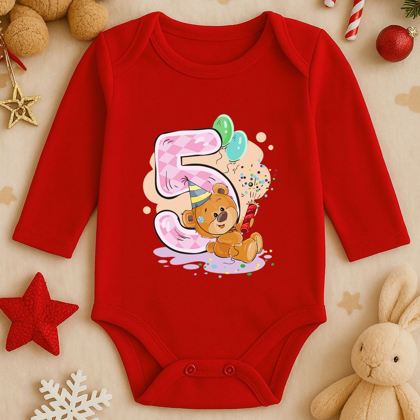 Kişiye Özel Doğum Günü Bebek Zıbını – 5 Yaş Ayıcık Tasarım | 1–36 Ay