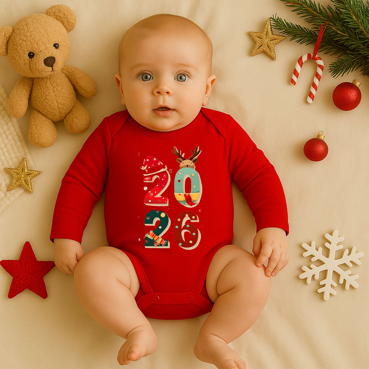Kişiye Özel Bebek Zıbını – 2026 Noel Rakam Tasarımı | 1–36 Ay