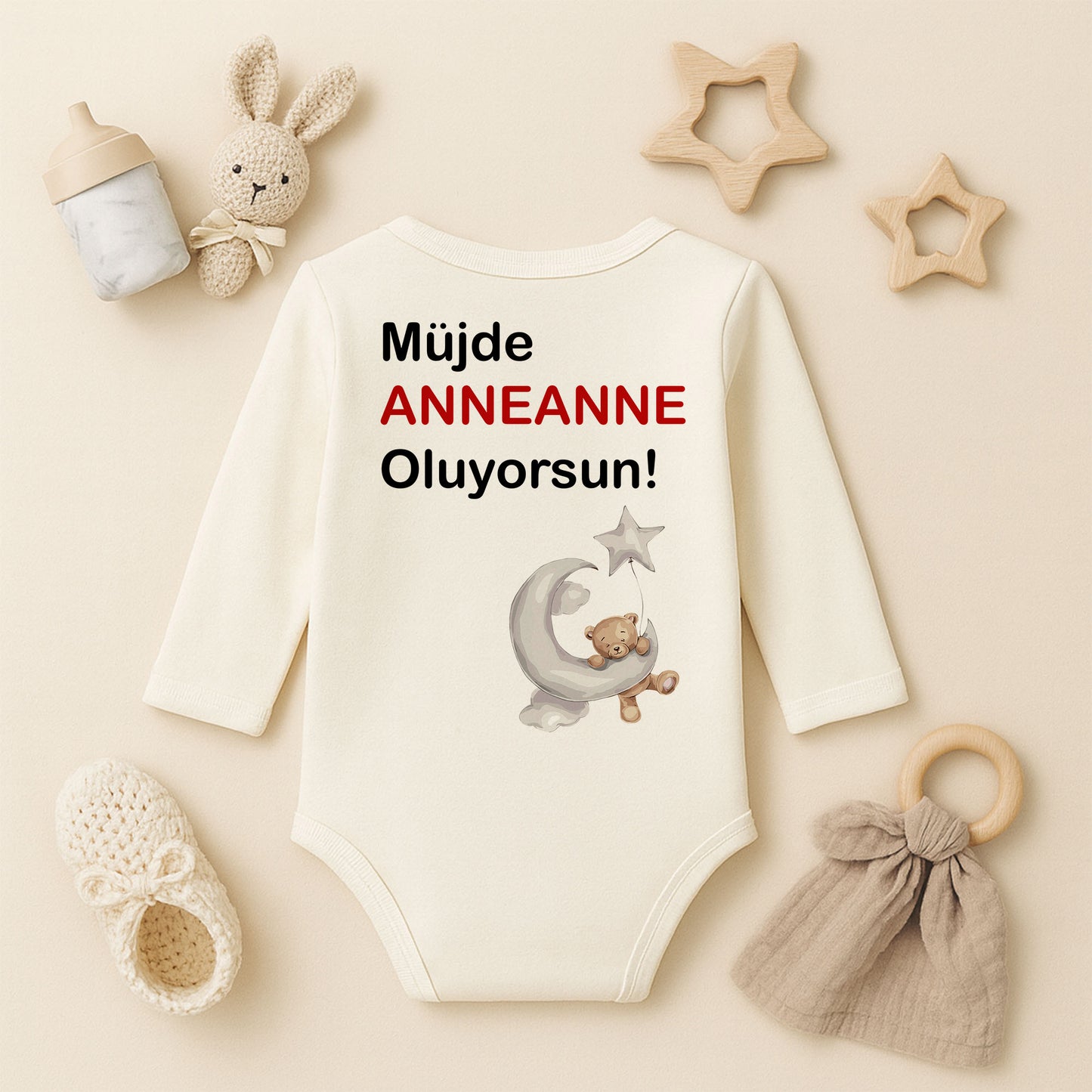 Kişiye Özel Bebek Zıbını – Anneanne Tasarım Ayıcık & Ay | 1–36 Ay