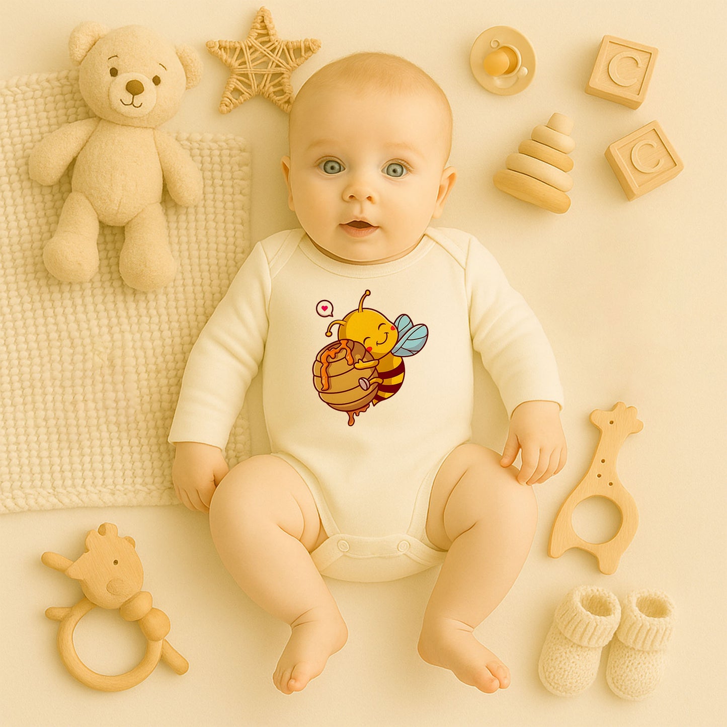 Kişiye Özel Bebek Zıbını – Mutlu Arı & Bal Peteği Tasarım | 1–36 Ay