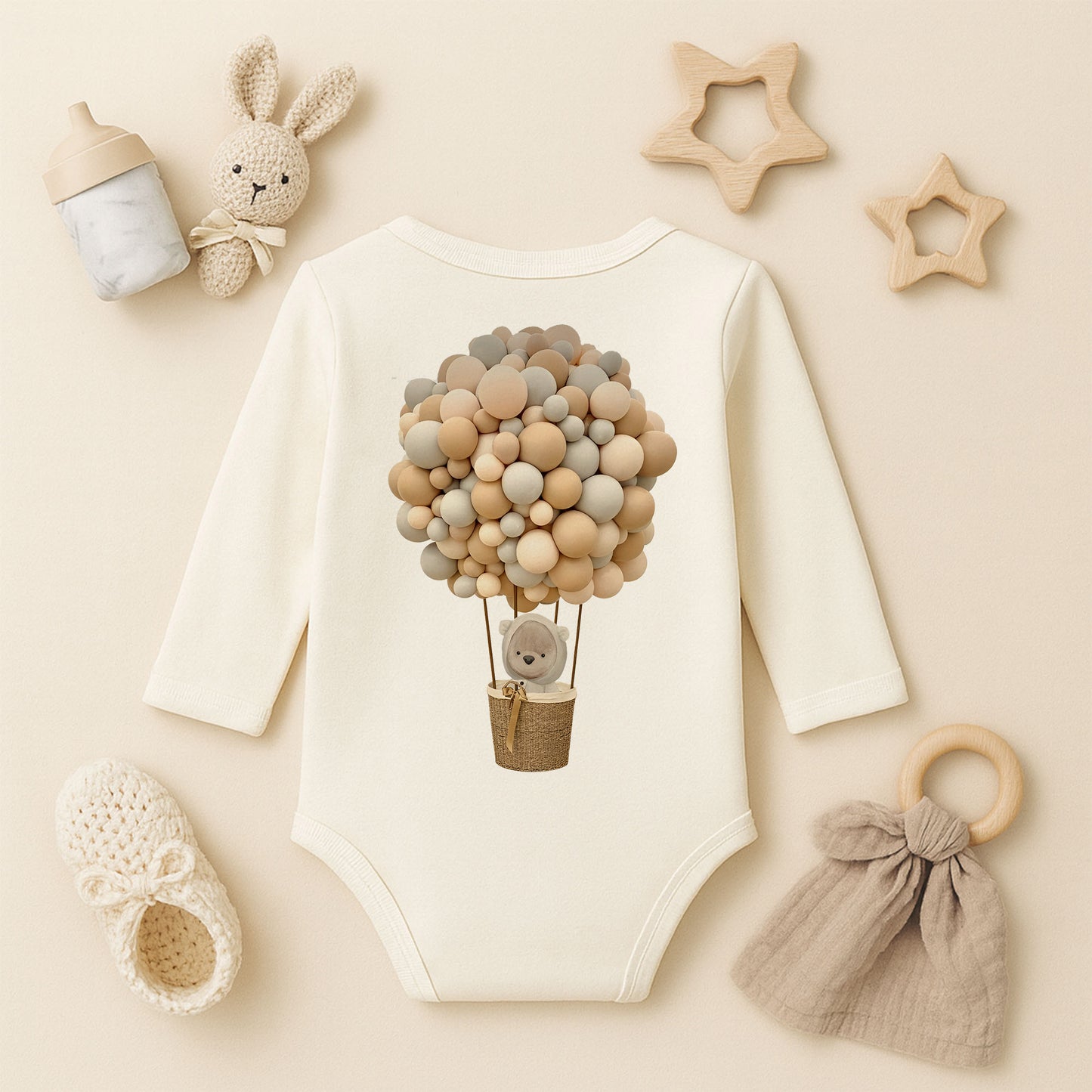 Balon Buketi & Ayıcık Sepet Tasarımlı Bebek Zıbını | 1–36 Ay | Nötr Ton Butik Model