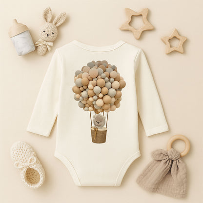 Balon Buketi & Ayıcık Sepet Tasarımlı Bebek Zıbını | 1–36 Ay | Nötr Ton Butik Model