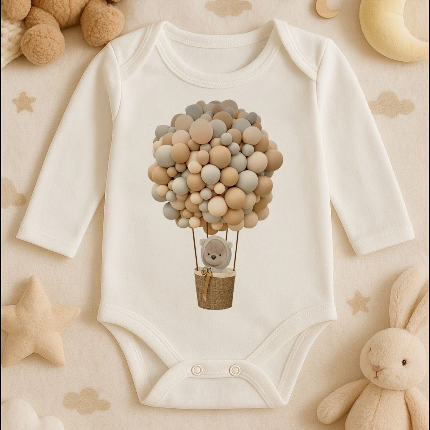 Balon Buketi & Ayıcık Sepet Tasarımlı Bebek Zıbını | 1–36 Ay | Nötr Ton Butik Model