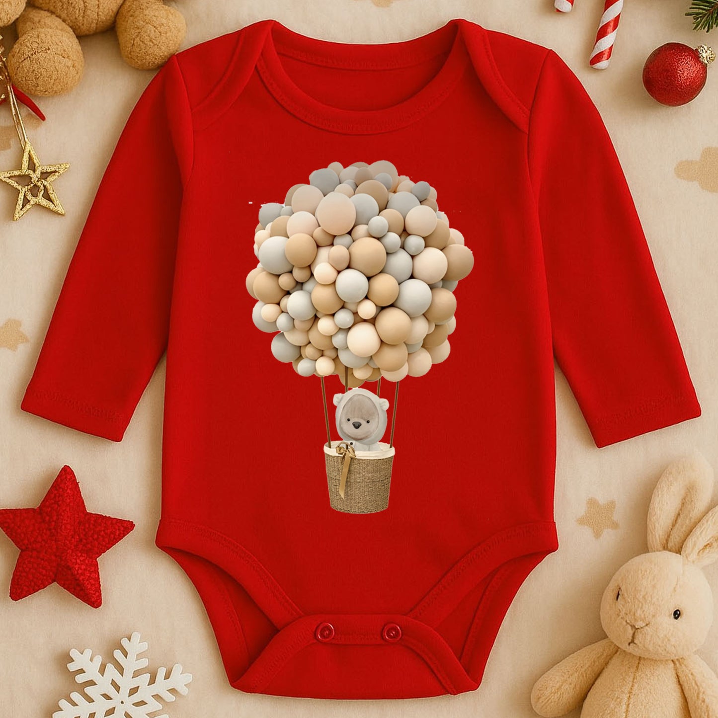 Balon Buketi & Ayıcık Sepet Tasarımlı Bebek Zıbını | 1–36 Ay | Nötr Ton Butik Model