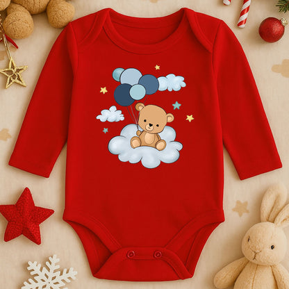 Bulut Üstünde Balonlu Ayıcık Baskılı Bebek Zıbını | Mavi Gökyüzü Teması | 1–36 Ay