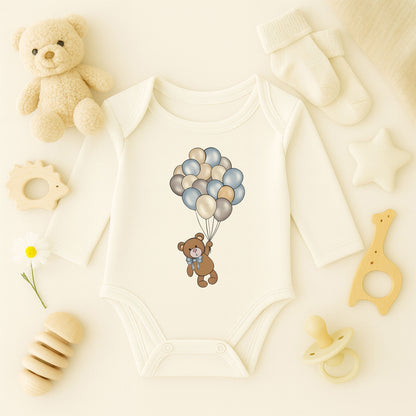 Soft Renk Balonlu Ayıcık Baskılı Bebek Zıbını | Unisex Premium Model | 1–36 Ay