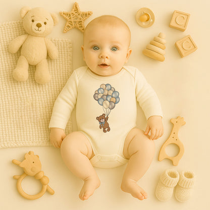 Soft Renk Balonlu Ayıcık Baskılı Bebek Zıbını | Unisex Premium Model | 1–36 Ay