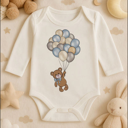 Soft Renk Balonlu Ayıcık Baskılı Bebek Zıbını | Unisex Premium Model | 1–36 Ay