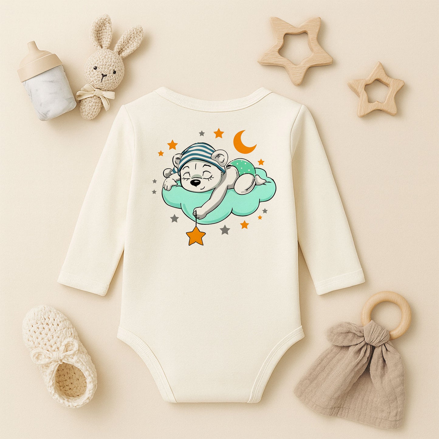 Uyuyan Ayıcık Bulut & Yıldız Baskılı Bebek Zıbını | Unisex | 1–36 Ay | Gece Temalı