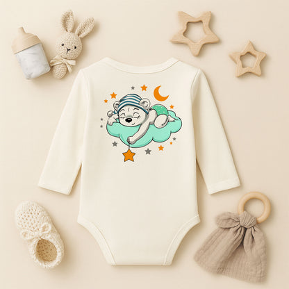 Uyuyan Ayıcık Bulut & Yıldız Baskılı Bebek Zıbını | Unisex | 1–36 Ay | Gece Temalı
