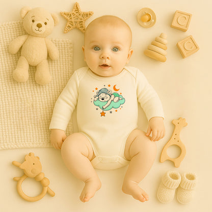 Uyuyan Ayıcık Bulut & Yıldız Baskılı Bebek Zıbını | Unisex | 1–36 Ay | Gece Temalı
