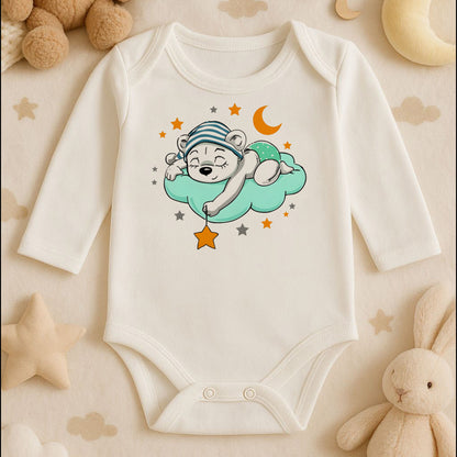 Uyuyan Ayıcık Bulut & Yıldız Baskılı Bebek Zıbını | Unisex | 1–36 Ay | Gece Temalı