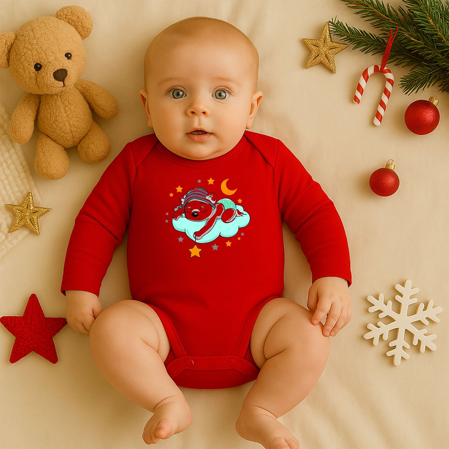 Uyuyan Ayıcık Bulut & Yıldız Baskılı Bebek Zıbını | Unisex | 1–36 Ay | Gece Temalı