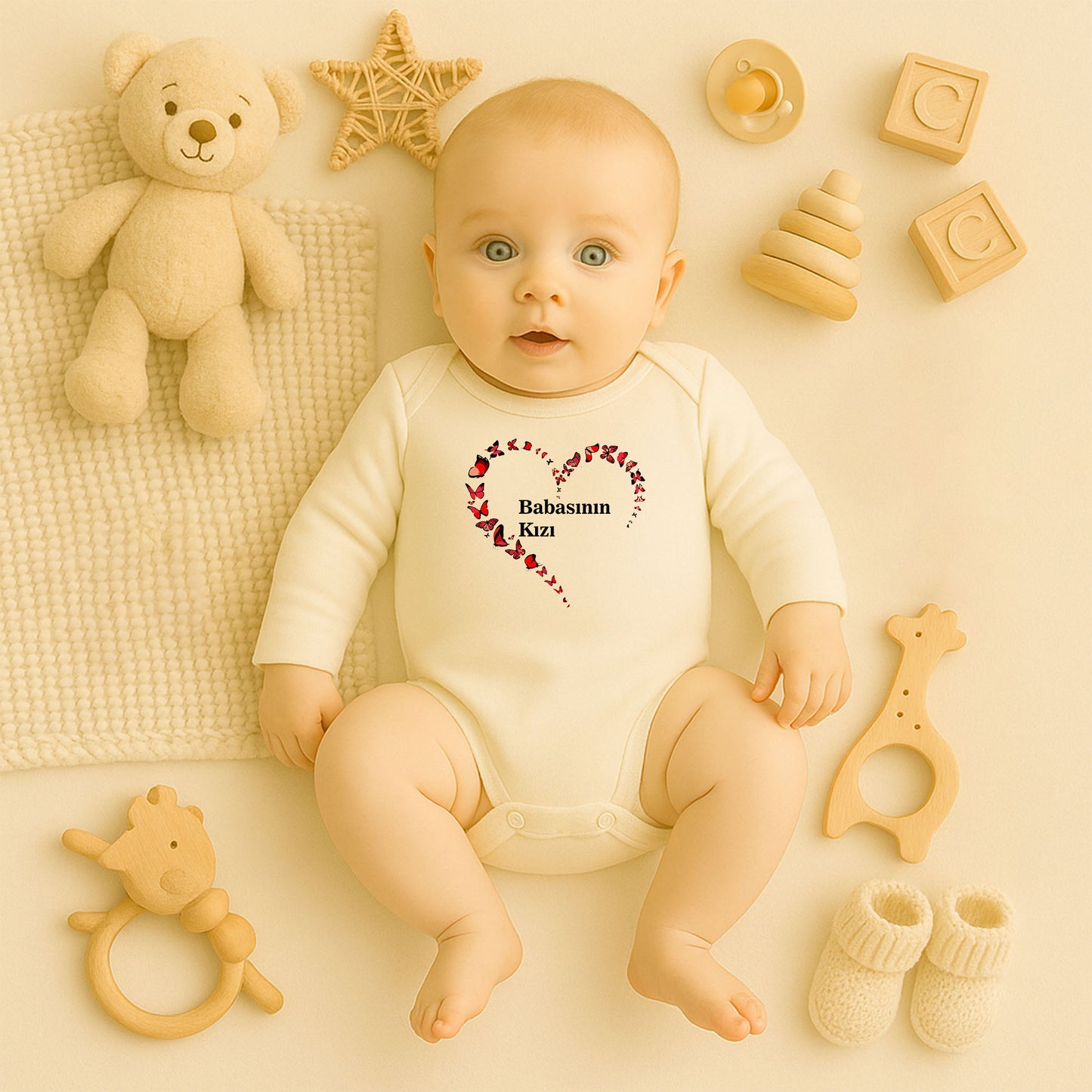 Kırmızı Kelebek Kalp Baskılı Bebek Zıbını | 1–36 Ay | Aşk & Kalp Temalı