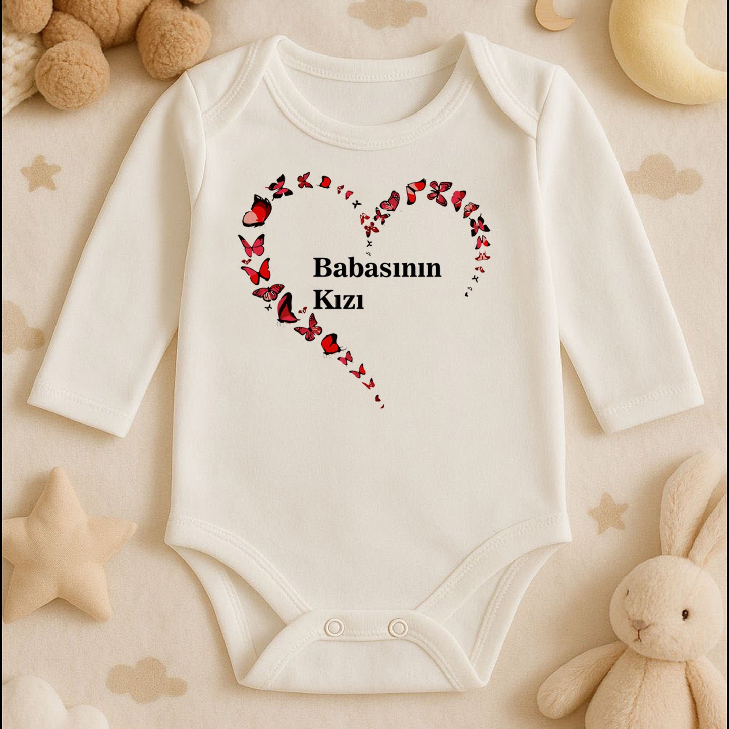Kırmızı Kelebek Kalp Baskılı Bebek Zıbını | 1–36 Ay | Aşk & Kalp Temalı