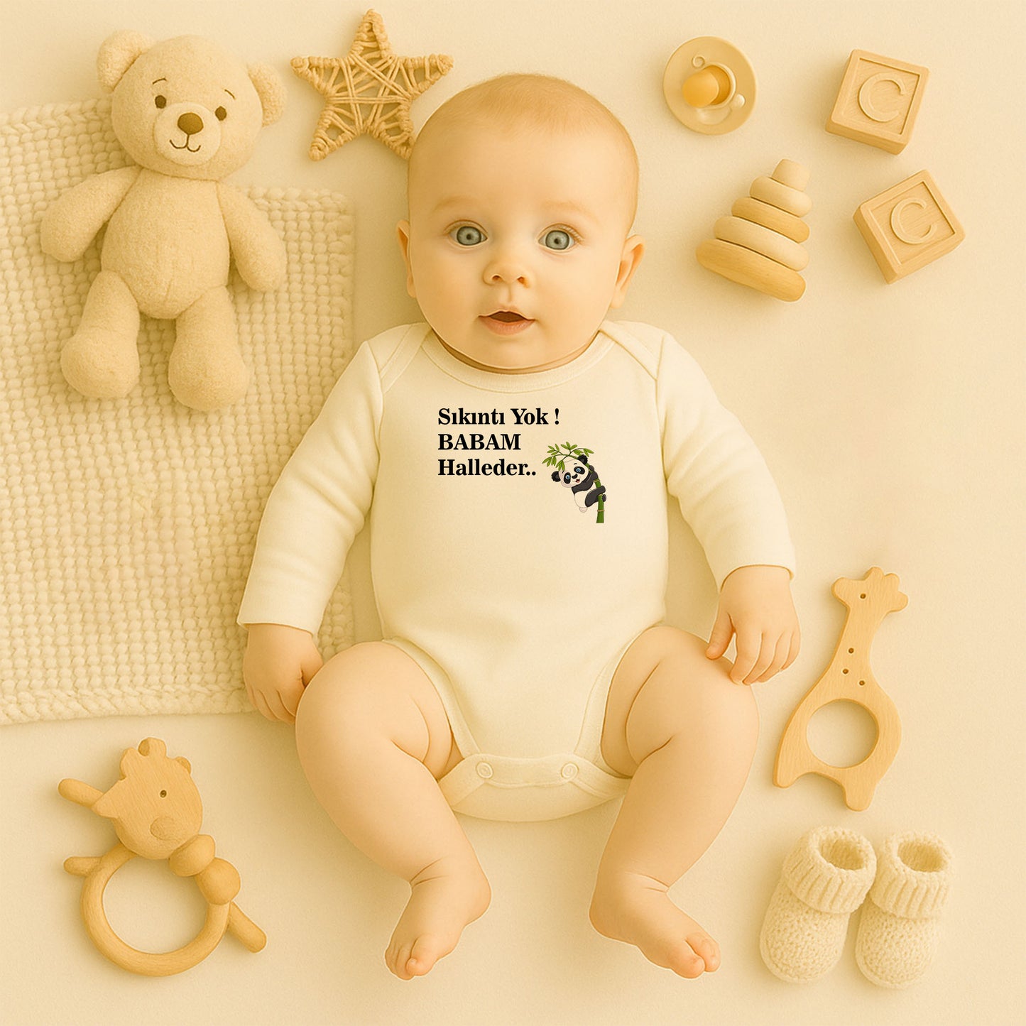 Panda ve Bambu Çubuk Temalı Bebek Zıbını | 1–36 Ay | Sevimli Jungle Tasarım