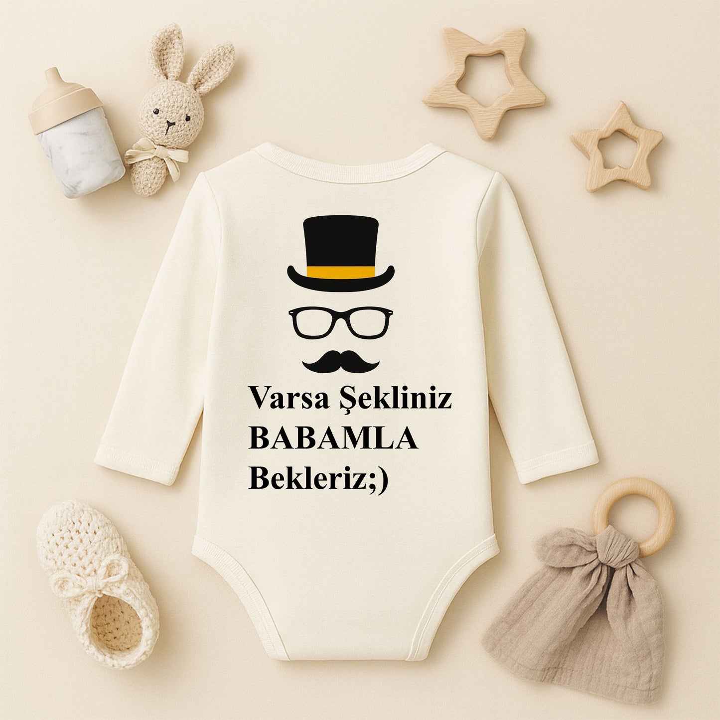 Beyfendi Şapka, Gözlük ve Bıyık Desenli Bebek Zıbını | 1–36 Ay | Gentleman Temalı