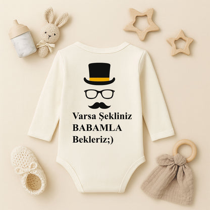 Beyfendi Şapka, Gözlük ve Bıyık Desenli Bebek Zıbını | 1–36 Ay | Gentleman Temalı