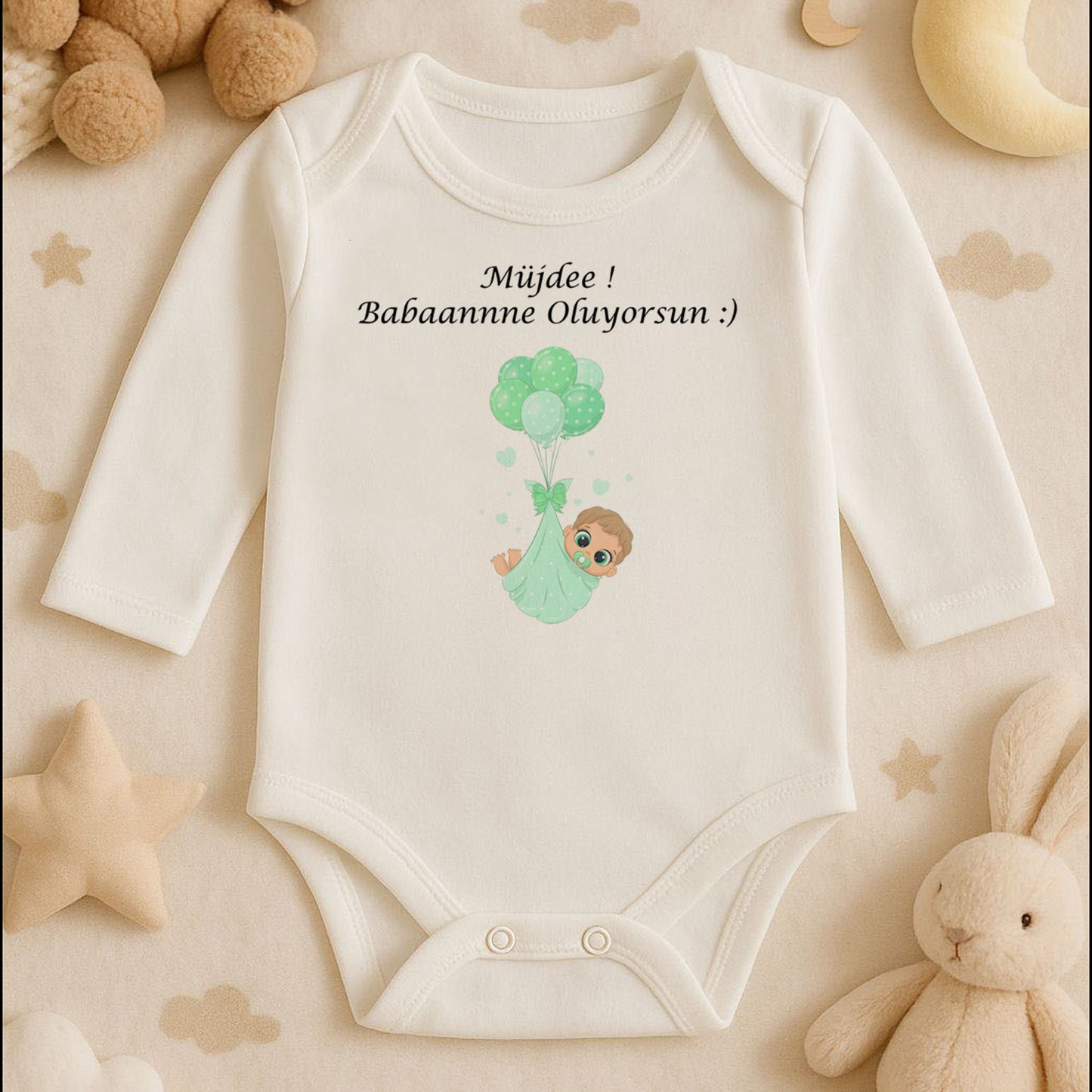 Müjde Babaanne Oluyorsun – Mint Balonlu Bebek Tasarım Zıbın | Hamilelik Müjdesi Hediyesi | 1–36 Ay