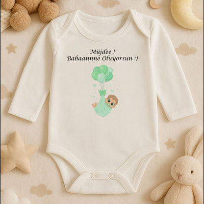 Müjde Babaanne Oluyorsun – Mint Balonlu Bebek Tasarım Zıbın | Hamilelik Müjdesi Hediyesi | 1–36 Ay