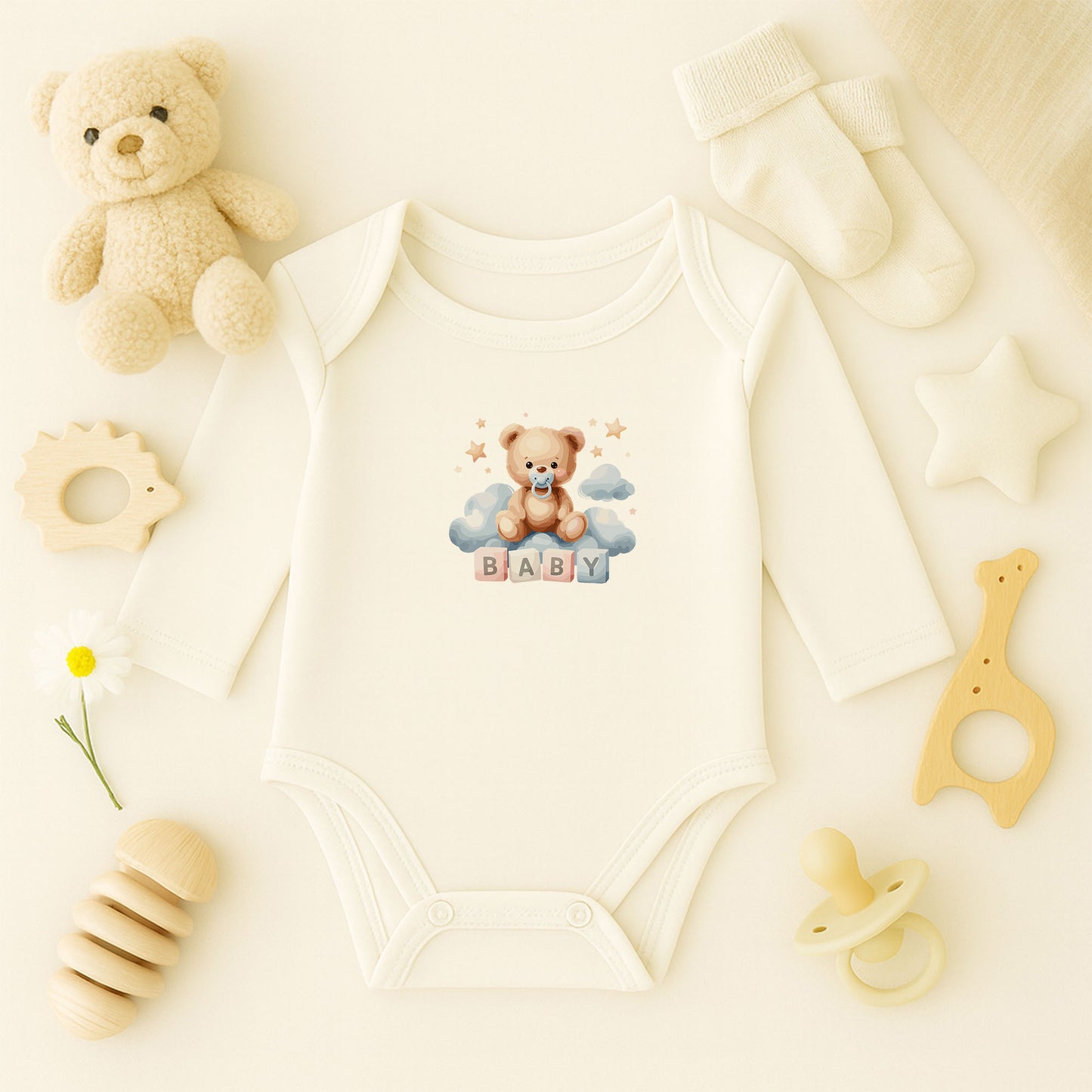 Kişiye Özel Ayıcık Temalı Bebek Zıbını – 1–36 Ay | DTF Baskı, Hassas Cilt Dostu