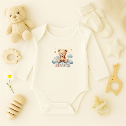 Kişiye Özel Ayıcık Temalı Bebek Zıbını – 1–36 Ay | DTF Baskı, Hassas Cilt Dostu